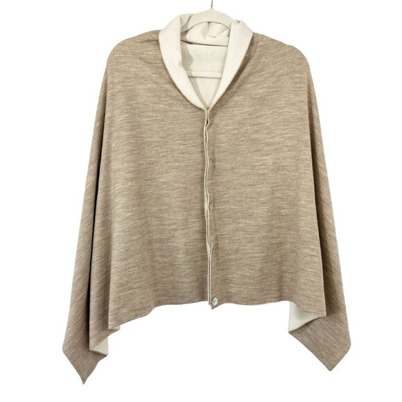 Orvis 100% Wool Reversible Poncho Tan Ivory Buttons One Size - Picture 1 of 8